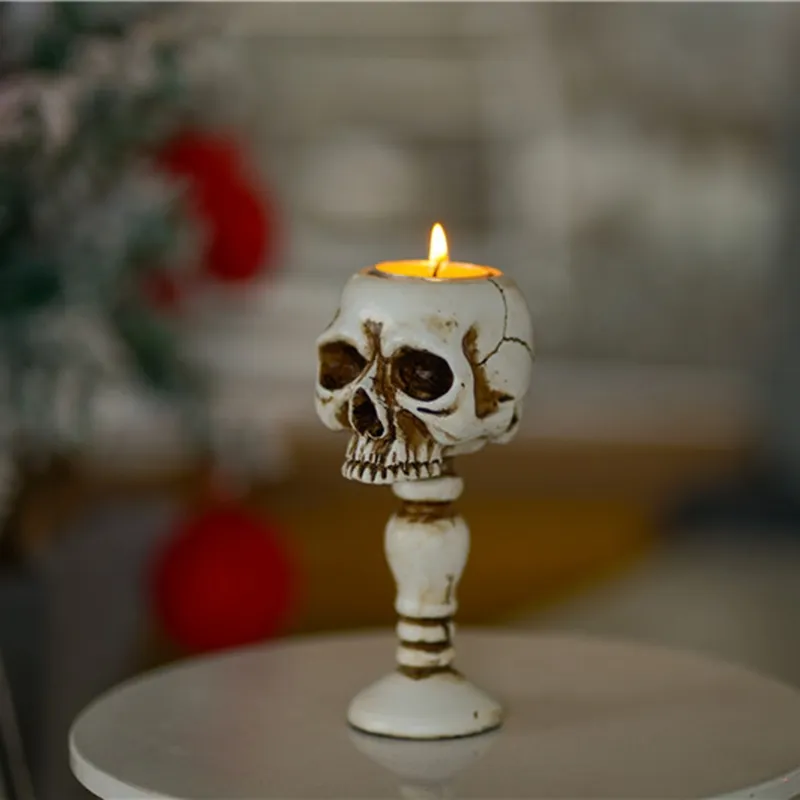 Photophore Halloween Tête de Mort Résine Photophore Halloween tête de mort blanc table ronde