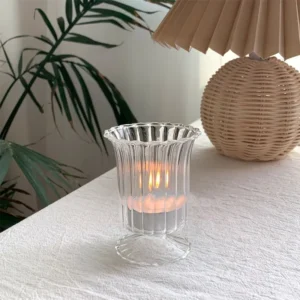 Photophore Tulipe Cannelé en Verre Transparent