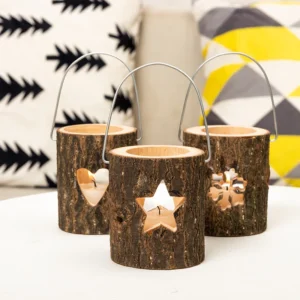 Photophore Bois Noel Motif Coeur Etoile Flocon