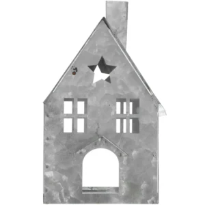 Photophore Maisonnette Métal Argenté Fond Blanc de face