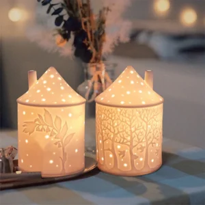 Photophores Maison Noel Céramiques Blancs Bougies allumées