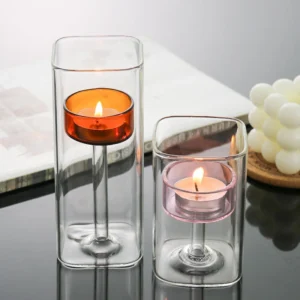 Lot Photophore Verre Transparent Porte Bougie Intérieur Orange _ Rose de face rapproché