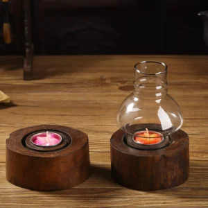 Photophore Bois et Verre Transparent Support et contenant verre sur table de face