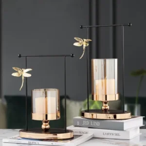 Photophore Libellule Verre Transparent Contours Rose Gold _ Noir vue de face